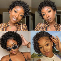 Perruque Courte Pixie Pas Chère 13x1 Lace Frontale T Part Cheveux Humains Coupe Pixie Bob Densité 180% Perruque Bouclée Coupe Pixie