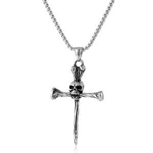 yunnique Stainless Steel Skull <b>Cross</b> Pendant Necklace Men's Hip Hop Fashion Jewelry Geometric Design Retro Style - Product Image 1