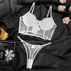 <b>Sexy</b> Erotic See Through Mesh Bra Panties <b>Set</b> New Design Embroidery Flower Fish-bone Two Piece Lingerie <b>Sets</b> - Product Image 6