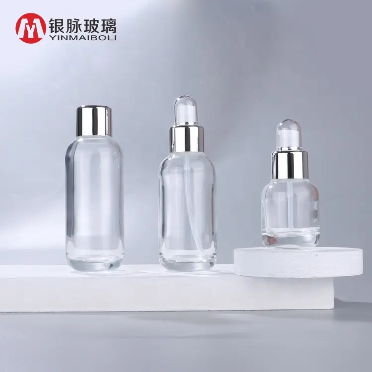 40Ml 100Ml 120Ml Clear Glazen Fles Aluminium Cap Zilver Druppelaar Flessen Met Druppelaar En Druk Pomp