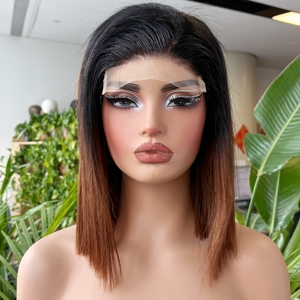 Pelucas de cabello humano liso con cierre frontal de encaje 5x5, estilo bob corto ombre marrón, brasileño - Product Image 1