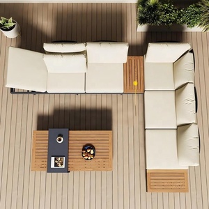 Ensemble de canapé modulaire d'extérieur en aluminium et teck avec fauteuils inclinables réglables, coussins résistants aux intempéries et table basse, meubles de jardin et de terrasse - Product Image 3