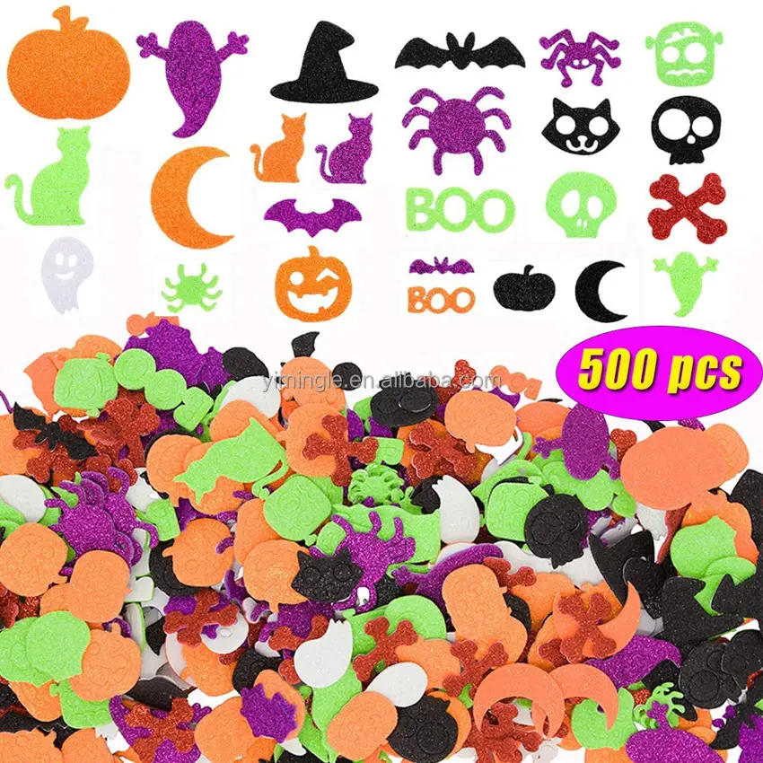 Autocollants Halloween pour enfants, étiquette auto-adhésive en mousse, à paillettes 3D, avec une citrouille fantôme, chauve-souris, fournitures artisanales, décoration, DIY bricolage, 500 pièces