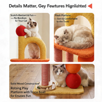 Arbre à chat multifonctionnel grand format avec griffoir en carton, double jouet à bille, perchoir et lit, gain de place pour animaux d'intérieur