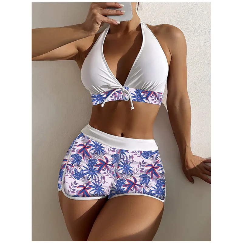 Đồ Bơi Phụ Nữ Các Nhà Sản Xuất Halter Bikini Set 2024 Sexy Hoa In Cao Eo Tắm Phù Hợp Với Với Boxer Quần Short Hot Bán