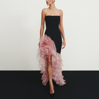 Robe de soirée élégante noire et rose à fleurs 3D, en mousseline de soie, à volants étagés, coupe trapèze, taille naturelle, longueur ras du sol, sans bretelles, pour invitée de mariage ou bal de promo