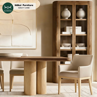 Ensemble de table à manger rectangulaire 8 places en teck massif, écologique, durable, avec base à chevalet géométrique sculptée, mobilier moderne pour la maison