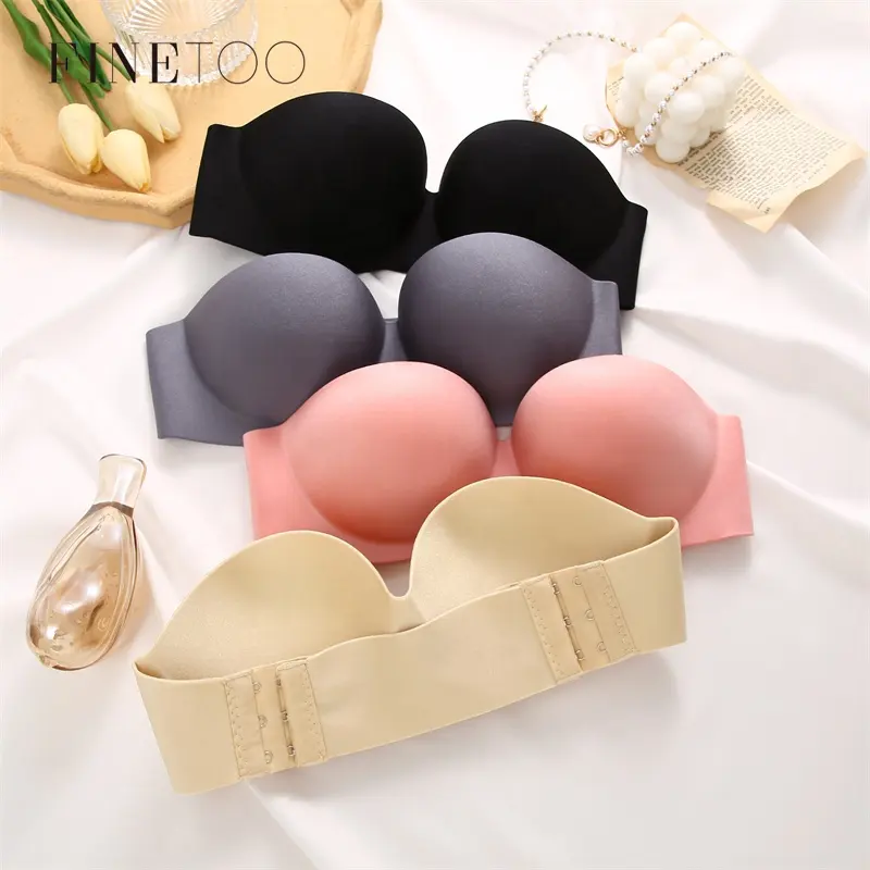 FINETOO Bra Tanpa Tali Tanpa Tali Tanpa Tali untuk Wanita, Bra Tanpa Tali Tanpa Tali Tanpa Tali Tanpa Tali, Pakaian Dalam Wanita Tanpa Tali, Pakaian Dalam Wanita Tanpa Kabel, Gesper Dapat Dilepas, Polos, 4 Baris, Baru