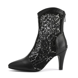 Patchwork Lace Sequin Ankle <b>Booties</b> Rear Zip Closure Pointed Toe Slim Stiletto High Heel Four Season Evening Party Women Short - Product Image 5