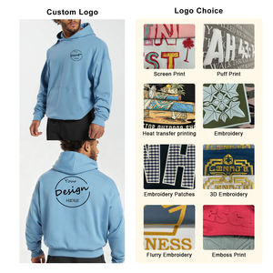 Sweat-shirts à capuche pour hommes bleus, logo personnalisé, coton de haute qualité, molleton français, automne, décontracté, uni, vente en gros - Product Image 2