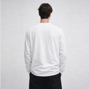 T-shirt blanc à manches longues pour <span class=keywords><strong>homme</strong></span>, col côtelé rond, coupe oversize, avec logo personnalisé, 100 % coton, vente en gros - Product Image 2