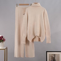 Ensemble tricoté deux pièces pour femme, haute qualité, collection hiver : pull col roulé uni décontracté et pantalon ample à jambes larges