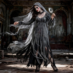 Costume de mariée fantôme, robe noire déchirée avec voile, tenue de fête d'horreur pour Halloween, taille adulte pour femme, grande taille - Product Image 1