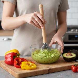 304 Stainless Steel Meat Chopper With Wooden Handle 6‑Blade Multifunctional Ground Meat Masher Potato Mashing Kitchen Cooking To - Product Image 4