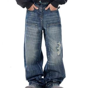 Jeans de Pierna Recta Desgastados Vintage de Algodón 100% Ecológicos Personalizados con MOQ Bajo para Hombre - Estilo Hip Hop Urbano - Product Image 1