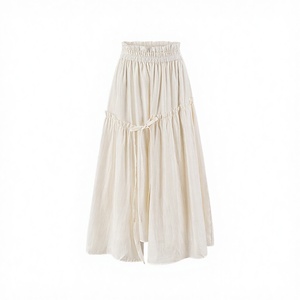 Women's Beige <b>Elastic</b> <b>Waist</b> A-Line Midi <b>Skirt</b> With Drawstring Detail Cotton Chiffon Prairie Chic Style All Seasons Wear - Product Image 2