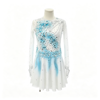 Robe de patinage et de danse pour enfants et adultes, dégradé blanc et bleu, maille transparente, manches longues, dos orné de strass floraux, pour spectacle de patinage artistique