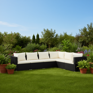 Set Lounge da Giardino Nero Crema 6 Posti in Rattan, Arredamento da Esterno dal Design Contemporaneo Resistente alle Intemperie - Product Image 2
