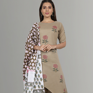 Algodón Cuello Barco Kurti Con Mano Impreso Dupatta Y Pantalones - Product Image 1