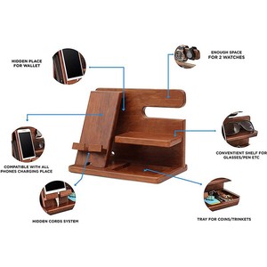 Soporte de madera para teléfono de escritorio, estación de acoplamiento multifuncional, soporte para exhibición de relojes, color marrón - Product Image 4