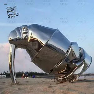 BLVE Design moderne extérieur décoratif animaux en métal Statue poli en acier inoxydable tête de morse Sculpture