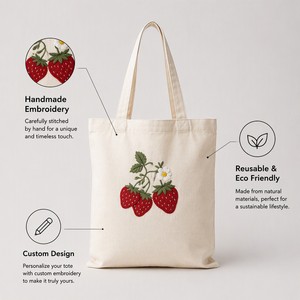 Bolsa de Mano de Lona con Bordado de Fresa de Dibujos Animados, Diseño Rojo Hecho a Mano, Bolsa de Compras Reutilizable Ecológica, Venta al Por Mayor Personalizada - Product Image 5