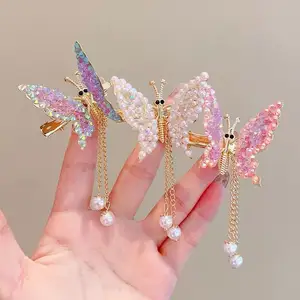 Colorful children's butterfly hair accessories hair clip pearl crystal butterfly super fairy new design girl's bangs hair grip