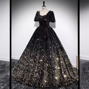 Black Sequined Ball Gown Empire Waist Scoop Neck Evening Dress Women Formal Party Wedding - Product Image 2