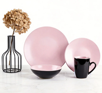 Ensemble de 16 pièces de vaisselle en grès émaillé couleur rose moderne, comprenant des bols de cuisine, des assiettes et des tasses à café en céramique, populaire et très vendu