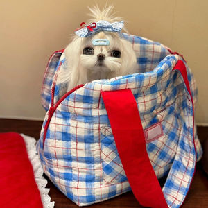 Şık Kırmızı Beyaz Mavi Ekoseli Evcil Hayvan Taşıma Çantası Tatlı Köpek Taşıyıcısı Hafif Seyahat Çantası Kırmızı Askılı Küçük Köpekler ve Kediler için - Product Image 2