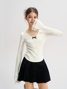 Haut d'automne Diba <span class=keywords><strong>La</strong></span> pour femmes New Style Velvet Bow Knit avec chemisier à col en V bordé de dentelle à volants - Product Image 5