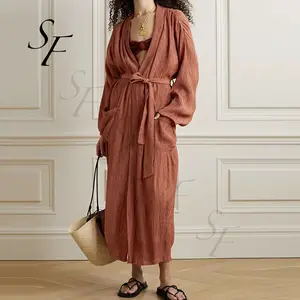 Custom luxury sexy oversize summer Bikini Dress loose silk crinkled crepon belt beach cover up robe for women