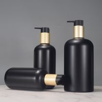 Botellas de PET Boston Redondas, Esmeriladas, Negras Mate, de Lujo, de 250ml, 300ml y 500ml, con Bomba Dosificadora Dorada para Champú y Gel de Baño