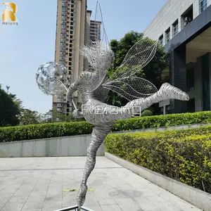 Metal Dancing Fairy and Dandelion Garden Statues Stainless Steel for Sale