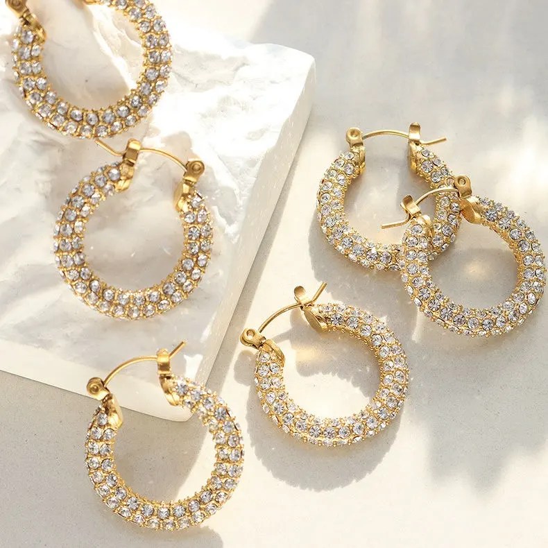 Fashionable Dainty Micro Pave Diamond Hoop Earrings Minimalist Full Cubic Hoops Shiny CZ Statement Earrings
