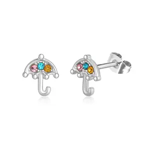 POENNIS Korean Customazed Cute Cartoon Umbrella Shape Earring With 3 Colored Zircon Stainless Steel Ear Piercing Kids Jewelry