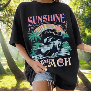 เสื้อยืดผู้หญิงทรงหลวมสไตล์วินเทจ ผ้าฝ้าย 100% เป็นมิตรกับสิ่งแวดล้อม ผ้าเทอร์รี่ถัก ติดกระดุม พิมพ์ลายดิจิทัล ไม่ถักทอ รุ่น DZ 25405 - Product Image 2