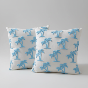 Coastal Blue Hampton Style Embroidery Decorative <b>Pillow</b> Covers 18x18 Inch Set 2 Coconut Trees Couch <b>Throw</b> <b>Pillow</b> Cases - Product Image 2