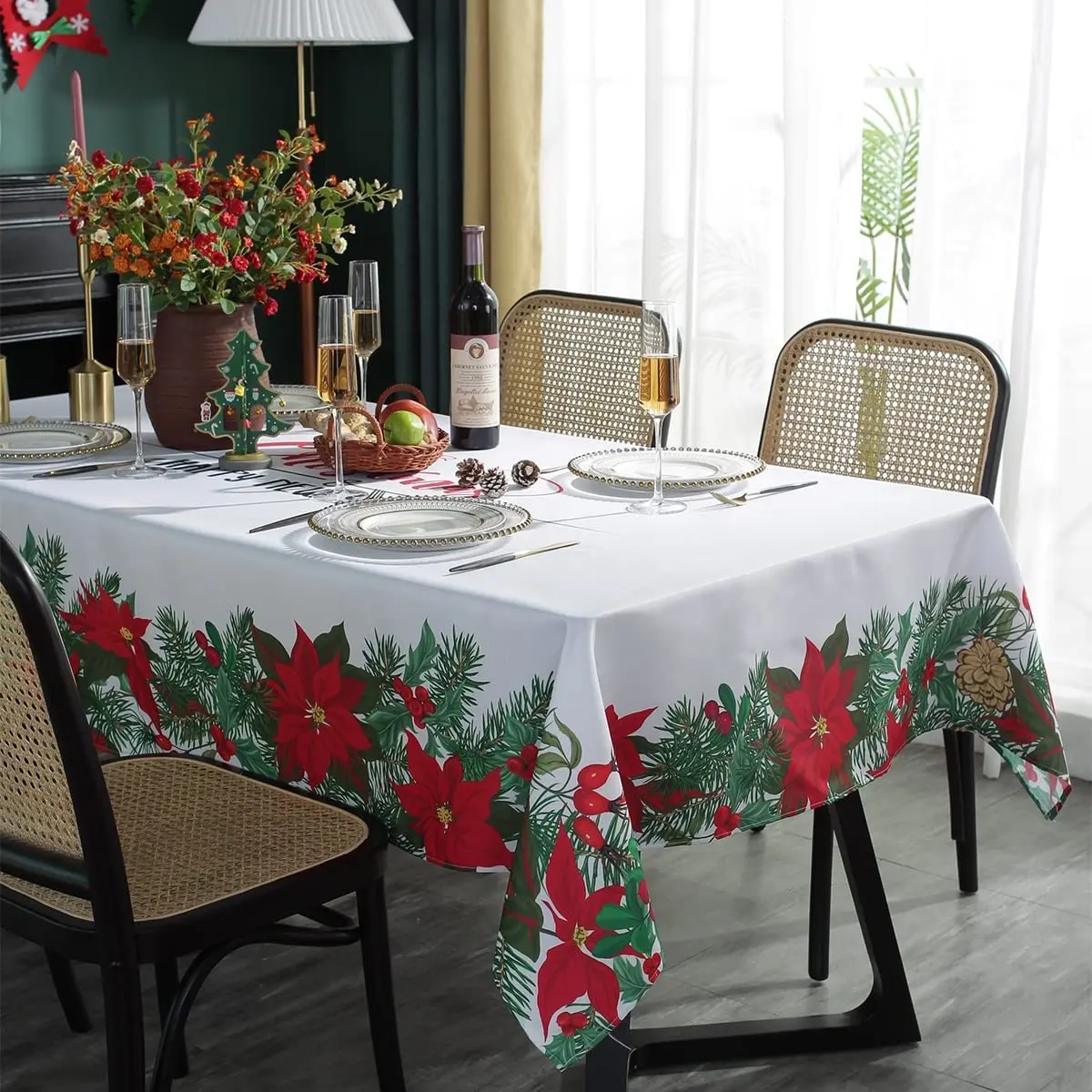 クリスマスポインセチア長方形プラスチックテーブルクロスステンレス楕円形使い捨てクリスマステーブルクロスパーティーの装飾用