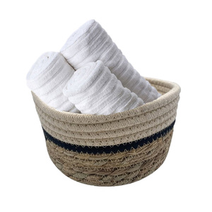 Ensemble de 2 paniers ronds en coton et corde de jacinthe, 22x18x10 cm, rangement décoratif pour chambre et salle de bain - Product Image 4