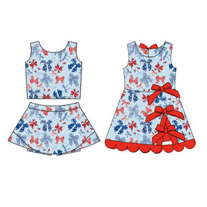 Tenue de sport personnalisée ODM pour l'été, motifs 4 juillet, en coton et élasthanne, bord festonné, pour enfants, filles, robes, shorts et robes de yoga pour sœurs - Product Image 2