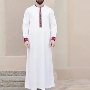 Produsen pemasok Thobes gaun pria Muslim sesuai pesanan bordir Abaya kerah kru Jubbah Maroko Thobe