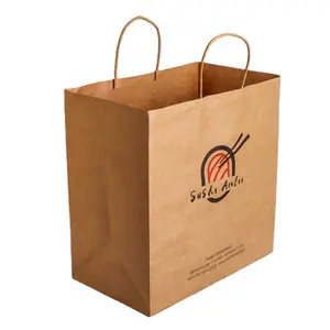 Çevre dostu özel logo take away için çanta taşımak restoran fast food paket servisi olan restoran kraft kağıt saplı çanta