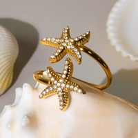 Bague ouverte en acier inoxydable plaqué or 18 carats à la mode pour femmes Searing 5A White Zircon Starfish pour mariage ou cadeau