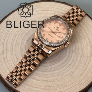 BLIGER NH05 Montre-bracelet <span class=keywords><strong>automatique</strong></span> de luxe en or rose pour <span class=keywords><strong>femme</strong></span> 31mm Cadran Sunburst Diamond Bezel Day Mark Bande en acier inoxydable Diver - Product Image 5