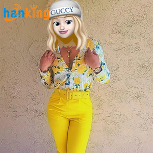 Ehanking elegante mujer 2 piezas estampado Floral cuello en V Blusa de manga larga camisa de trabajo y pantalones de cintura alta sólidos conjunto - Product Image 5