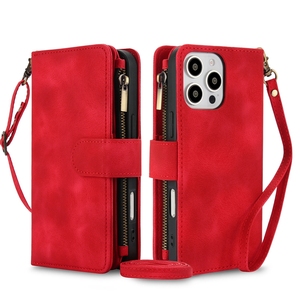 Funda con cordón para iPhone 11/12 Pro/13 <span class=keywords><strong>Mini</strong></span>/14 Plus/15/16 Promax 9 ranuras para tarjetas Cartera Funda de cuero bolsa - Product Image 1