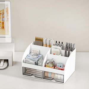 Desk Organizer with 6 Compartments 2 <strong>Drawers</strong> Plastic <strong>Makeup</strong> Organizer Pen Holder for Desktop Storage Desk Organization - Product Image 4