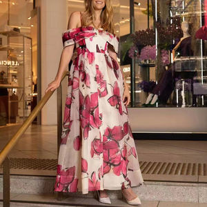 2025 printemps été bohème robe femmes élégant hors de l'épaule Sexy col en v mi-longueur taille haute fleur imprimé fête - Product Image 1
