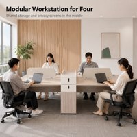Poste de travail modulaire moderne pour 4 personnes avec bureaux face à face, tiroirs blancs écologiques, panneaux d'intimité et finition bois pour bureau ouvert